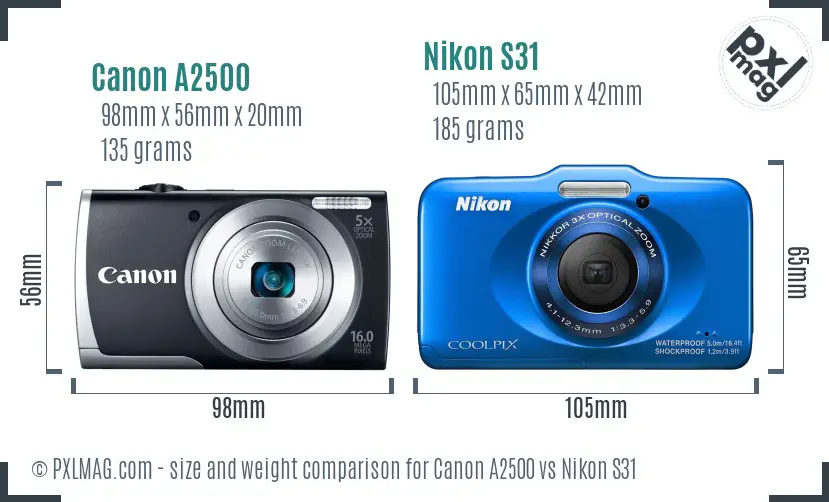 Canon A2500 vs Nikon S31 size comparison