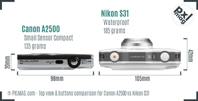 Canon A2500 vs Nikon S31 top view buttons comparison
