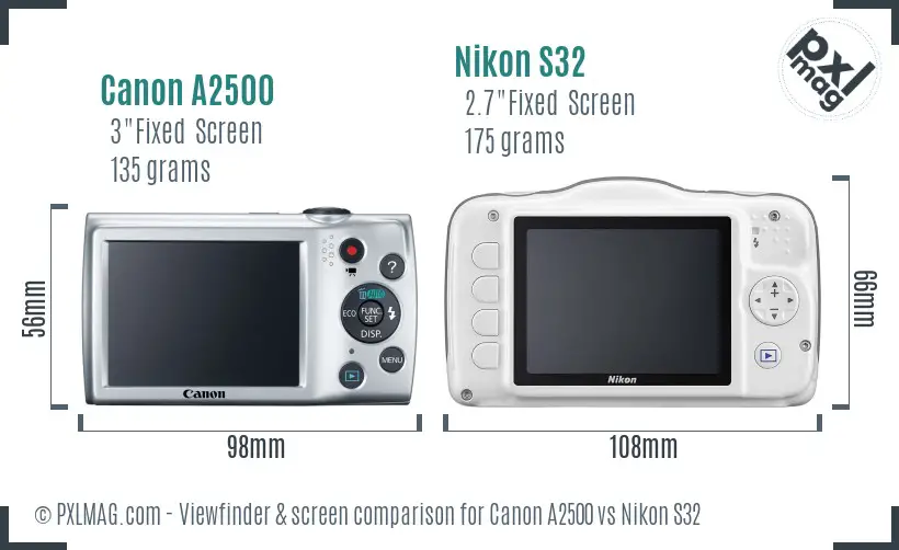 Canon A2500 vs Nikon S32 Screen and Viewfinder comparison