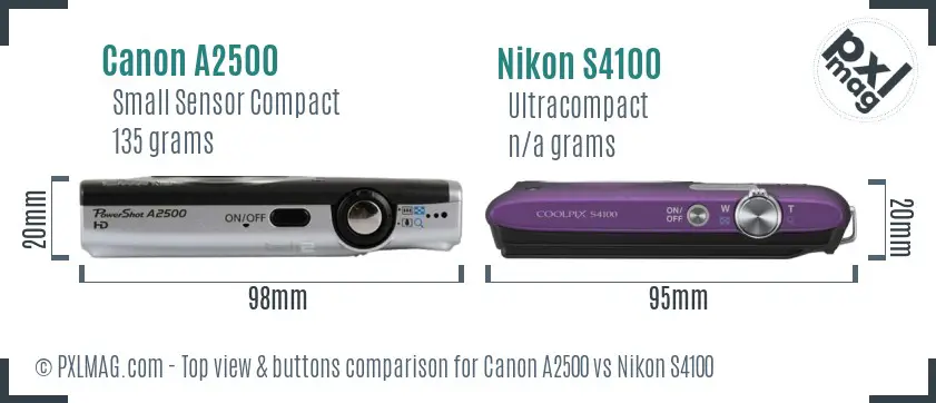 Canon A2500 vs Nikon S4100 top view buttons comparison Canon A2500 vs Nikon S4100 top view buttons comparison