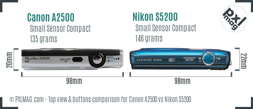 Canon A2500 vs Nikon S5200 top view buttons comparison Canon A2500 vs Nikon S5200 top view buttons comparison