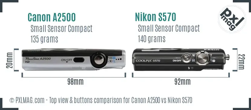 Canon A2500 vs Nikon S570 top view buttons comparison