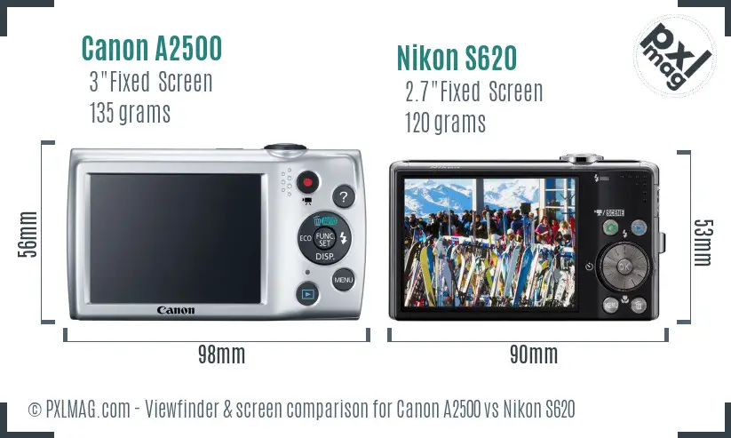 Canon A2500 vs Nikon S620 Screen and Viewfinder comparison