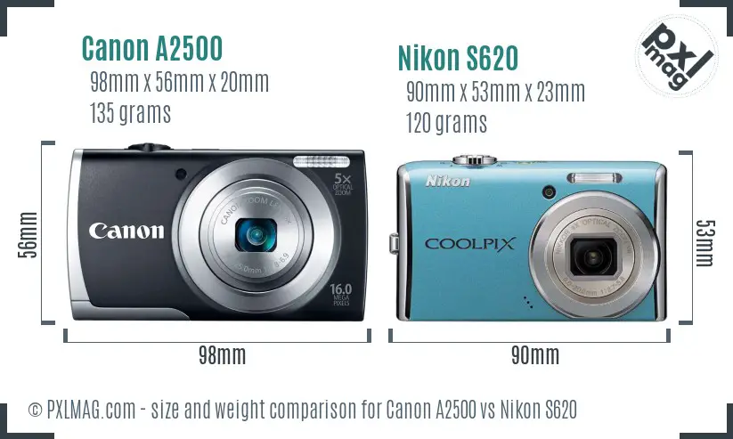 Canon A2500 vs Nikon S620 size comparison