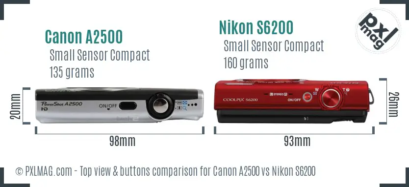 Canon A2500 vs Nikon S6200 top view buttons comparison