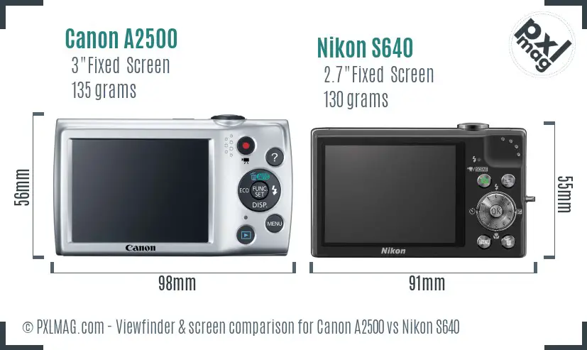 Canon A2500 vs Nikon S640 Screen and Viewfinder comparison