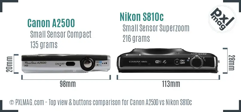 Canon A2500 vs Nikon S810c top view buttons comparison Canon A2500 vs Nikon S810c top view buttons comparison