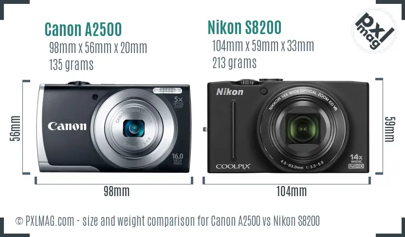 Canon A2500 vs Nikon S8200 size comparison