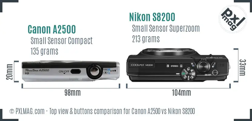 Canon A2500 vs Nikon S8200 top view buttons comparison