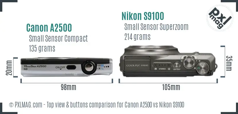 Canon A2500 vs Nikon S9100 top view buttons comparison