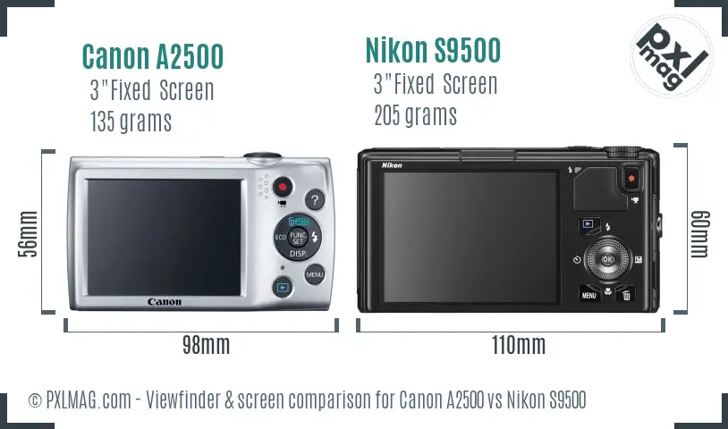 Canon A2500 vs Nikon S9500 Screen and Viewfinder comparison