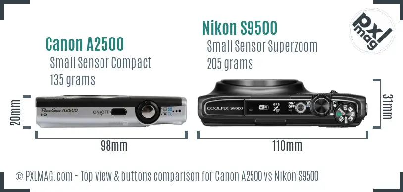 Canon A2500 vs Nikon S9500 top view buttons comparison