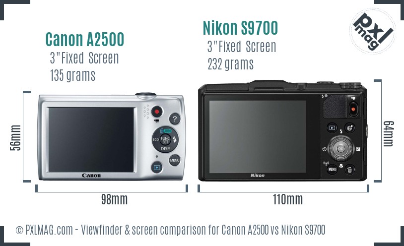 Canon A2500 vs Nikon S9700 Screen and Viewfinder comparison