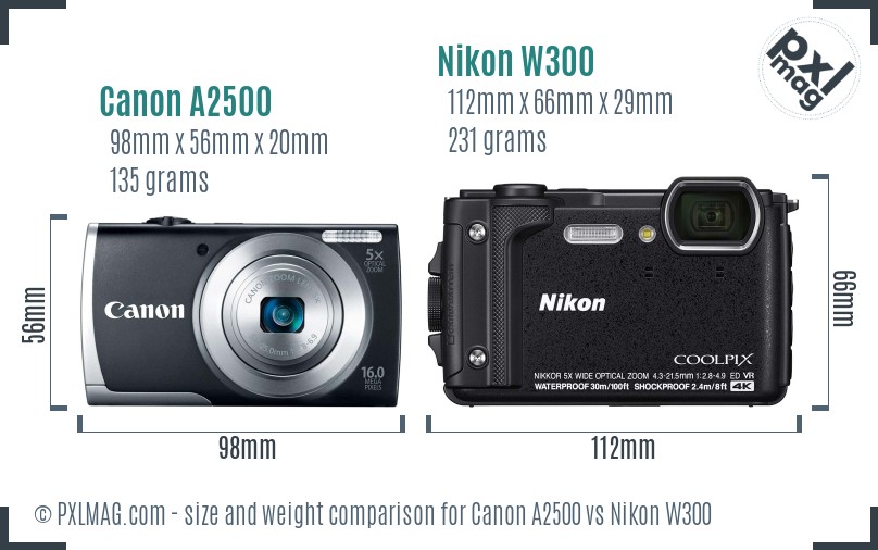 Canon A2500 vs Nikon W300 size comparison