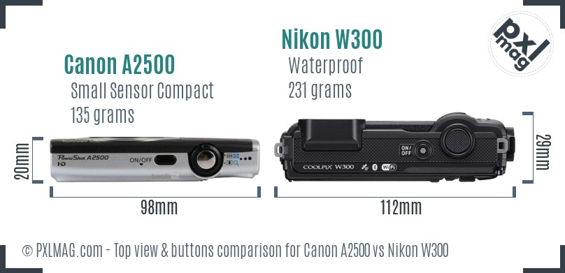 Canon A2500 vs Nikon W300 top view buttons comparison