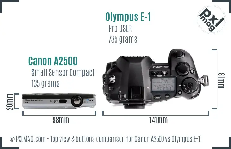 Canon A2500 vs Olympus E-1 top view buttons comparison