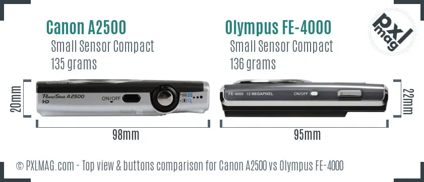 Canon A2500 vs Olympus FE-4000 top view buttons comparison