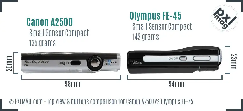 Canon A2500 vs Olympus FE-45 top view buttons comparison