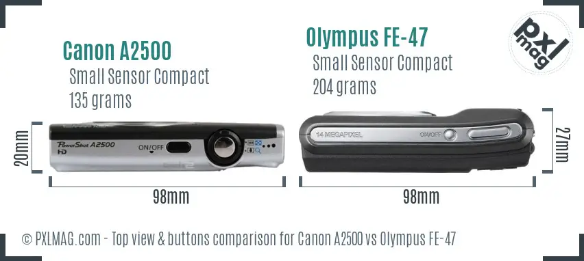 Canon A2500 vs Olympus FE-47 top view buttons comparison
