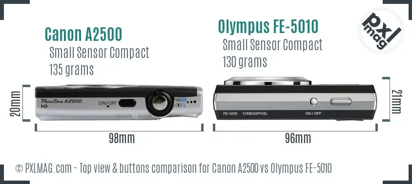 Canon A2500 vs Olympus FE-5010 top view buttons comparison