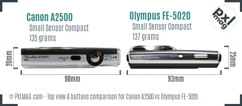 Canon A2500 vs Olympus FE-5020 top view buttons comparison