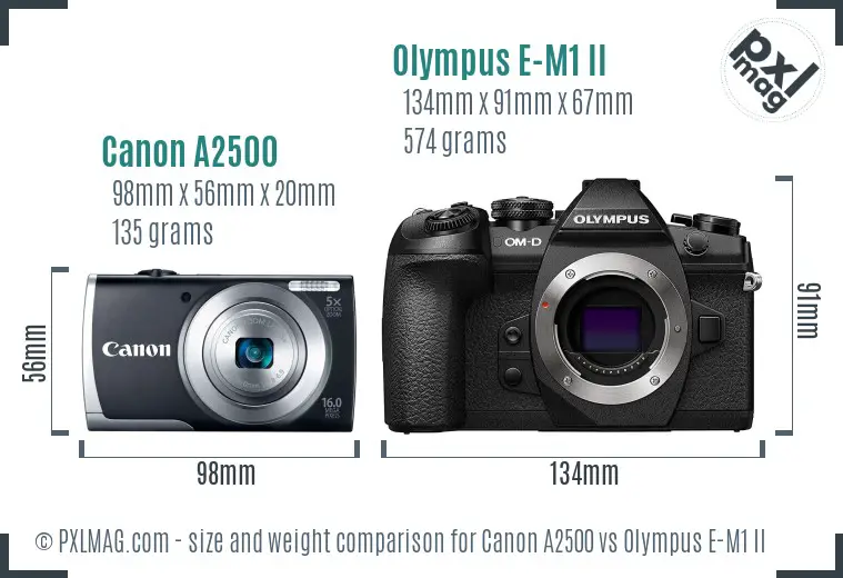 Canon A2500 vs Olympus E-M1 II size comparison
