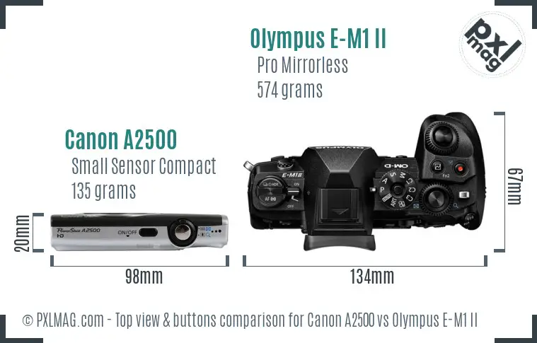 Canon A2500 vs Olympus E-M1 II top view buttons comparison