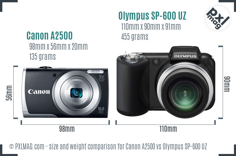 Canon A2500 vs Olympus SP-600 UZ size comparison Canon A2500 vs Olympus SP-600 UZ size comparison