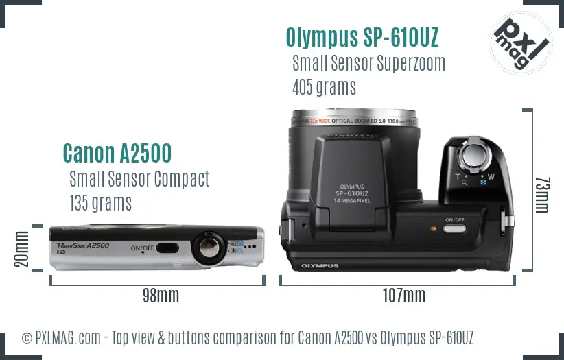 Canon A2500 vs Olympus SP-610UZ top view buttons comparison
