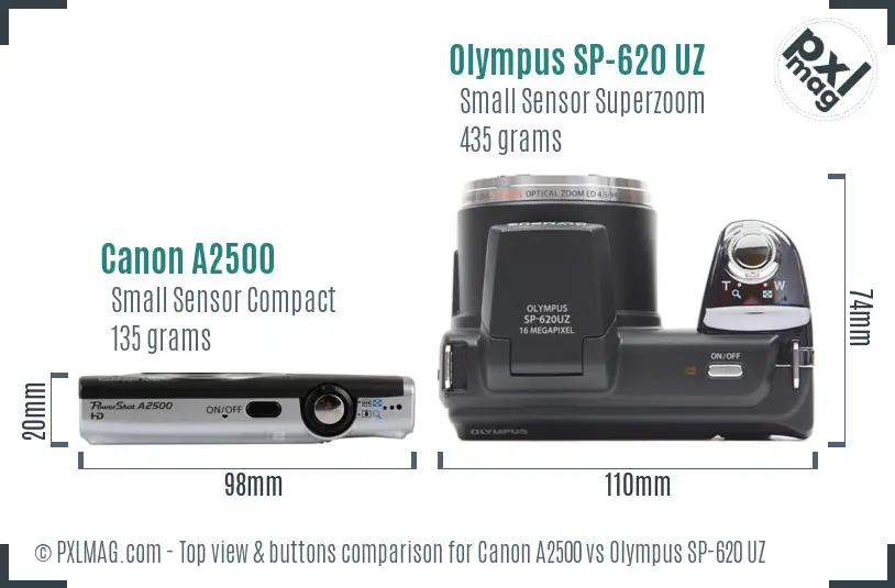 Canon A2500 vs Olympus SP-620 UZ top view buttons comparison