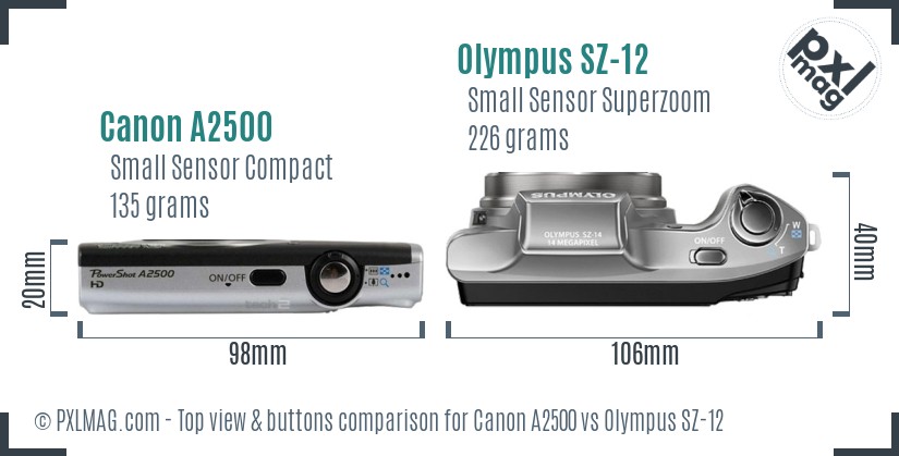 Canon A2500 vs Olympus SZ-12 top view buttons comparison