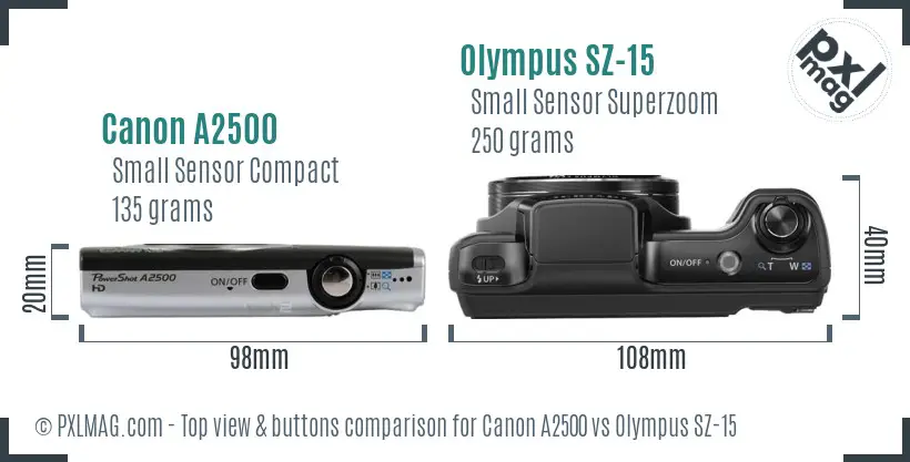 Canon A2500 vs Olympus SZ-15 top view buttons comparison