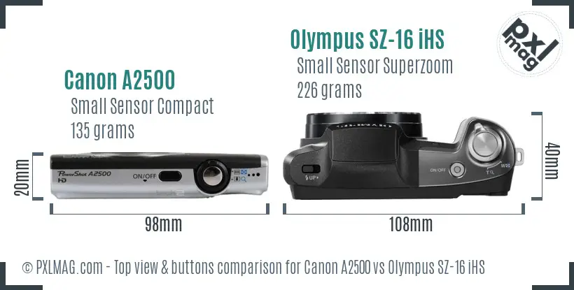 Canon A2500 vs Olympus SZ-16 iHS top view buttons comparison Canon A2500 vs Olympus SZ-16 iHS top view buttons comparison