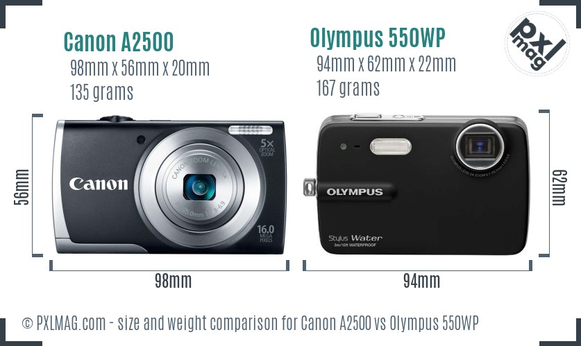 Canon A2500 vs Olympus 550WP size comparison