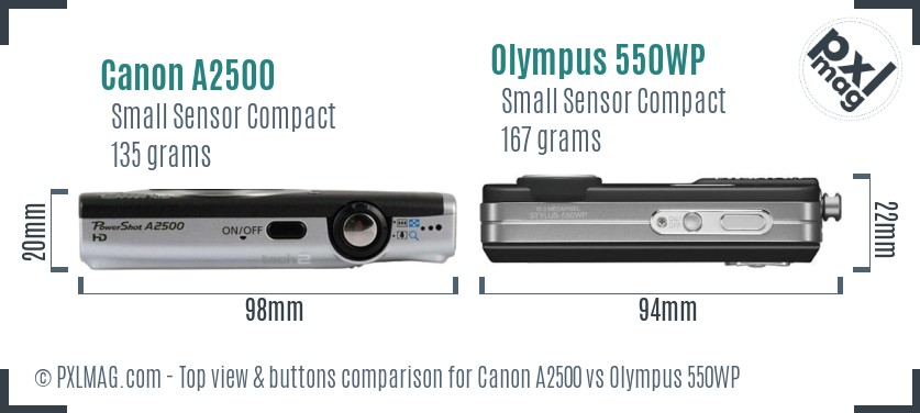Canon A2500 vs Olympus 550WP top view buttons comparison