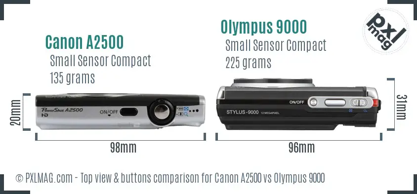Canon A2500 vs Olympus 9000 top view buttons comparison Canon A2500 vs Olympus 9000 top view buttons comparison