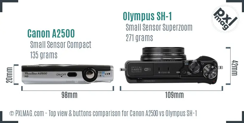 Canon A2500 vs Olympus SH-1 top view buttons comparison