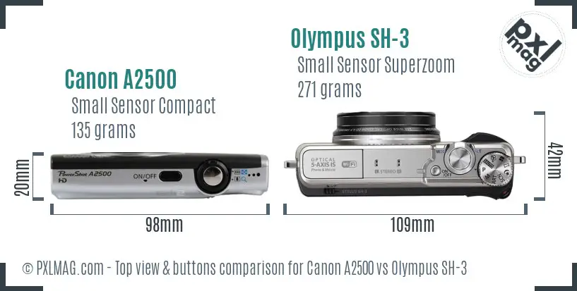 Canon A2500 vs Olympus SH-3 top view buttons comparison