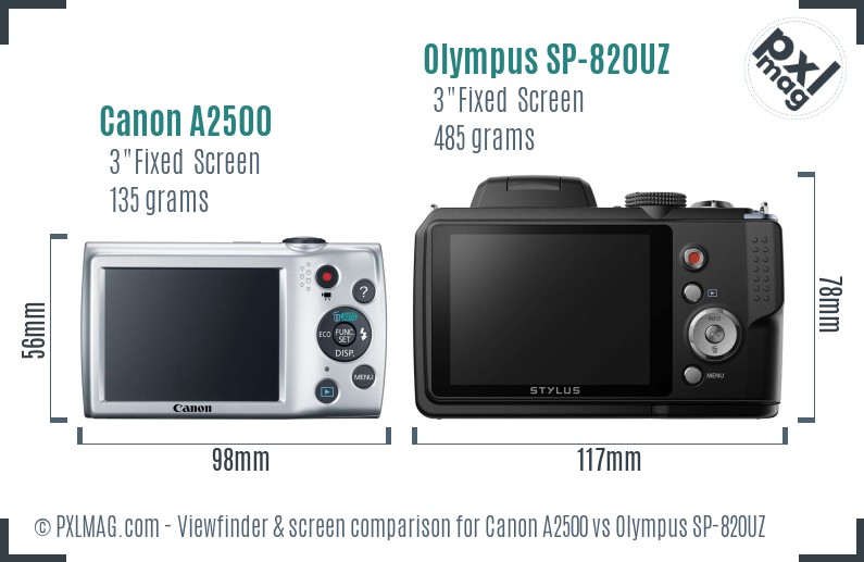Canon A2500 vs Olympus SP-820UZ Screen and Viewfinder comparison