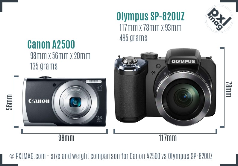 Canon A2500 vs Olympus SP-820UZ size comparison Canon A2500 vs Olympus SP-820UZ size comparison