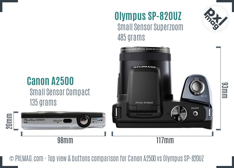 Canon A2500 vs Olympus SP-820UZ top view buttons comparison