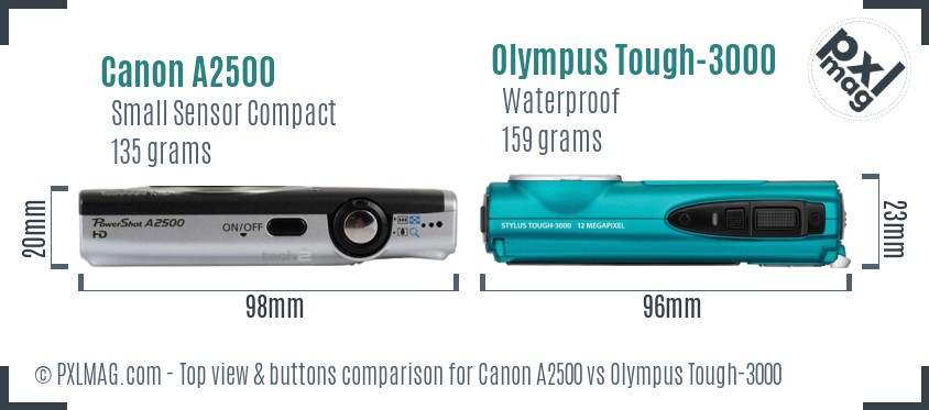 Canon A2500 vs Olympus Tough-3000 top view buttons comparison