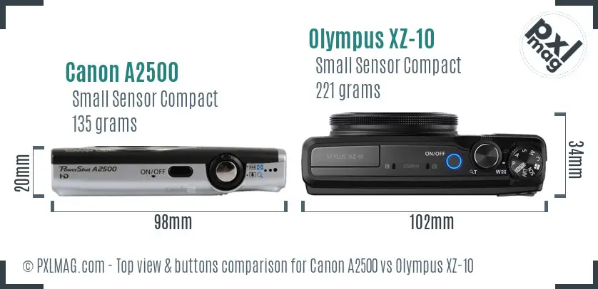 Canon A2500 vs Olympus XZ-10 top view buttons comparison