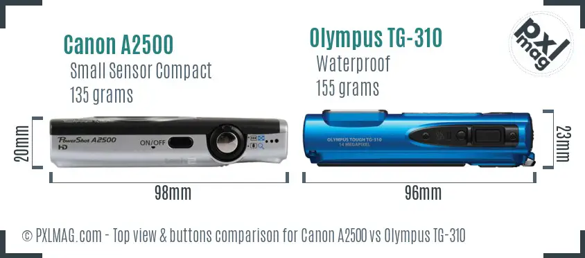 Canon A2500 vs Olympus TG-310 top view buttons comparison