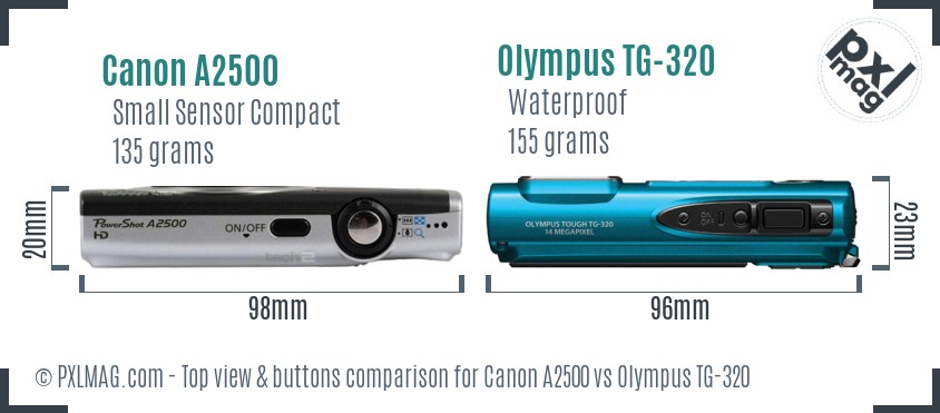 Canon A2500 vs Olympus TG-320 top view buttons comparison