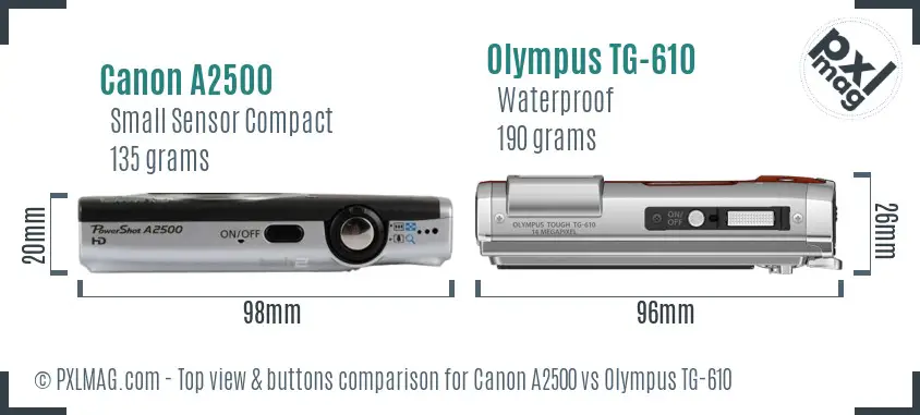 Canon A2500 vs Olympus TG-610 top view buttons comparison Canon A2500 vs Olympus TG-610 top view buttons comparison