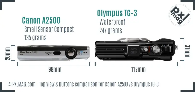 Canon A2500 vs Olympus TG-3 top view buttons comparison Canon A2500 vs Olympus TG-3 top view buttons comparison