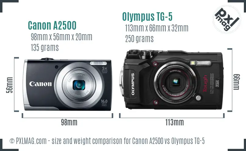 Canon A2500 vs Olympus TG-5 size comparison