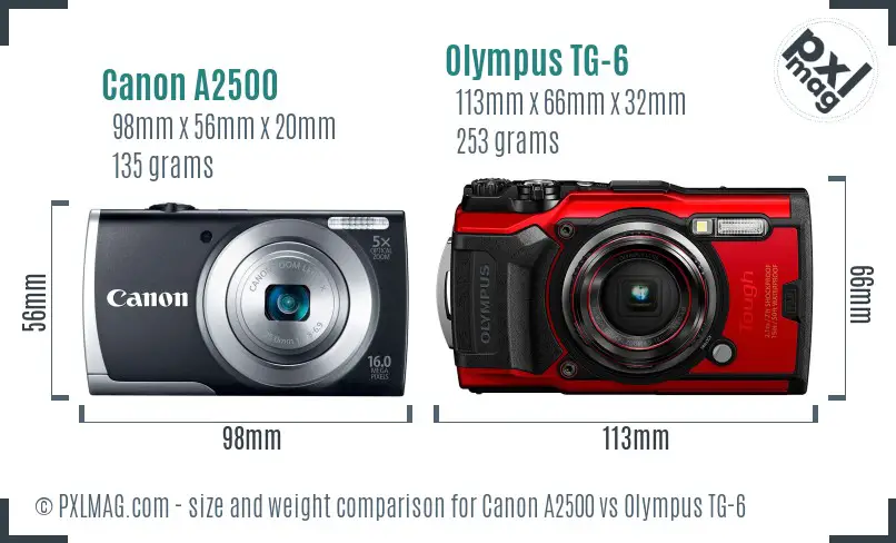 Canon A2500 vs Olympus TG-6 size comparison