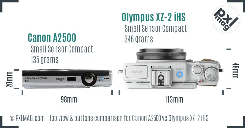 Canon A2500 vs Olympus XZ-2 iHS top view buttons comparison